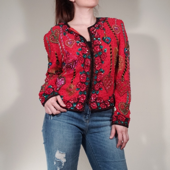 Niteline Jackets & Blazers - GORGEOUS Red Hearts Vintage Beaded Jacket